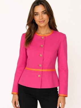 Basler Pink Orange Trim Button Front Blazer Jacket Size 42 Cotton Blend